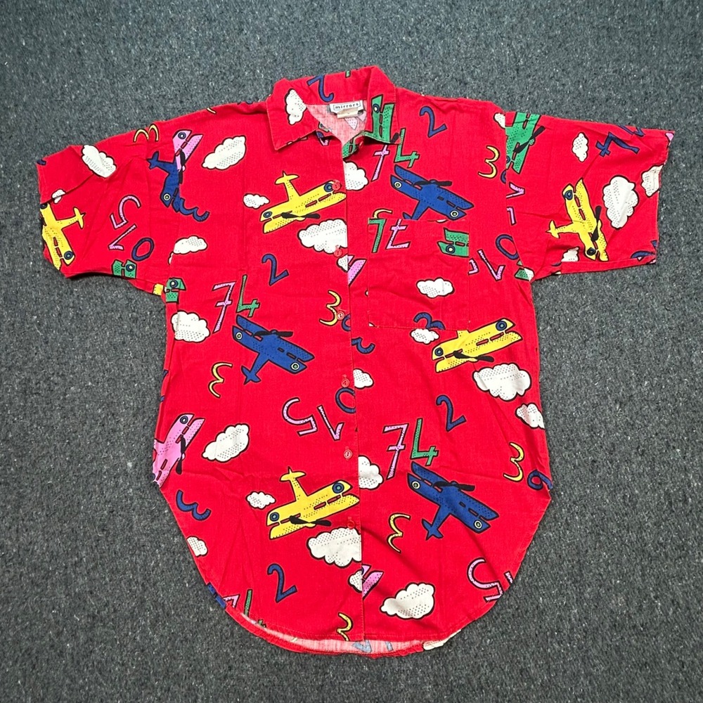 Mirrors Airplane Print Shirt Sz S Womens Red Retro 90s Novelty Short Sleeve Top